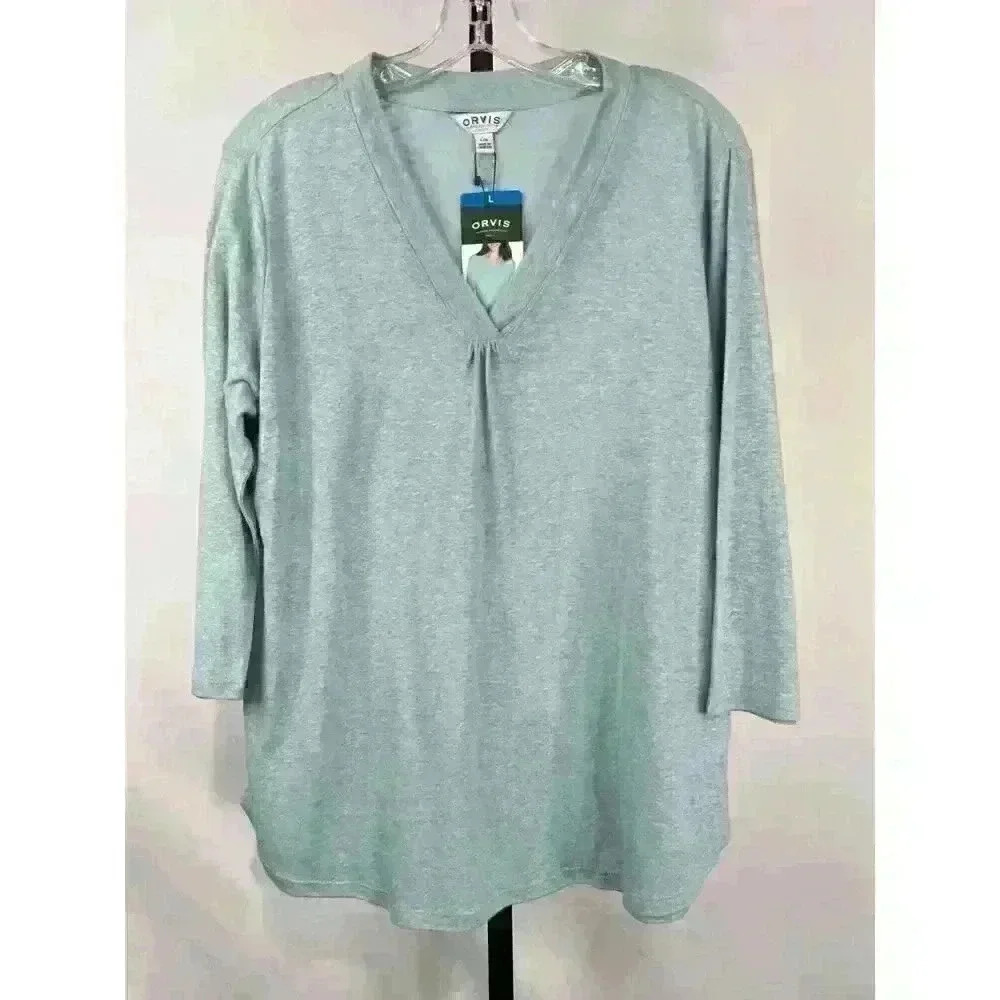 Orvis Women's Relaxed Fit Pullover 3/4 Sleeve Linen‎ Blend Top Size L Green NWT
